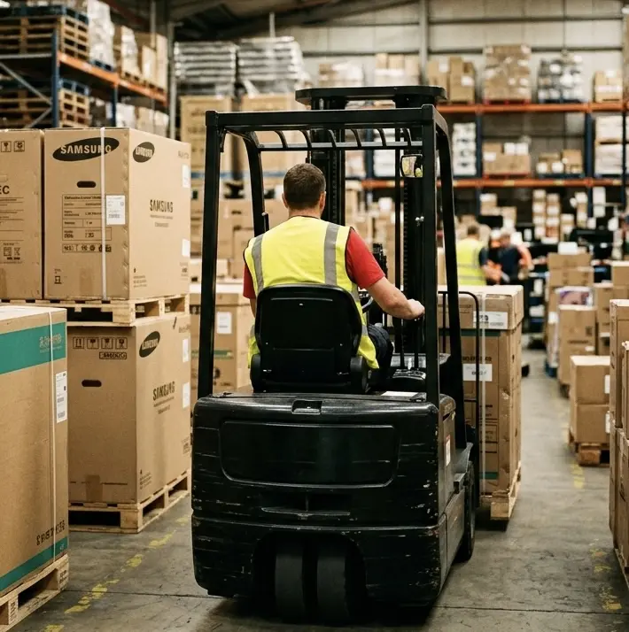 Forklift driver navigating aisles in a Cambridge warehouse